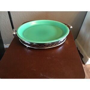 Vintage Laughlin Fiesta® Kitchen Kraft Baking Platter Green & Royal Metal Holder